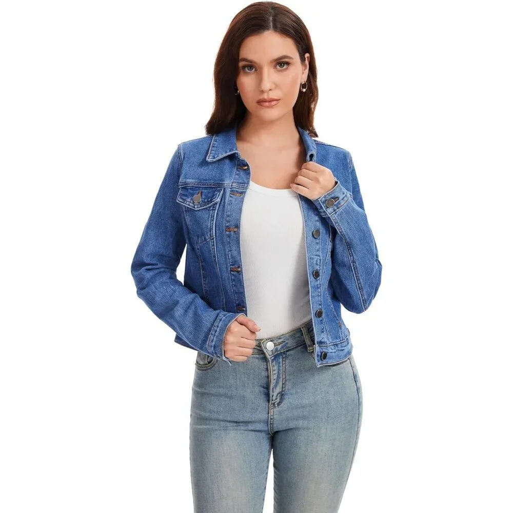 andy & natalie Women's Jean Jacket Stretch Cropped Button Down Denim Jackets